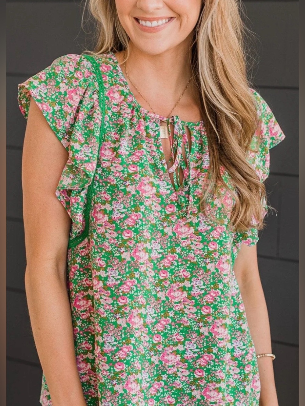 Staccato Green Pink Floral Ruffle Blouse M Flutter Sleeve Boho